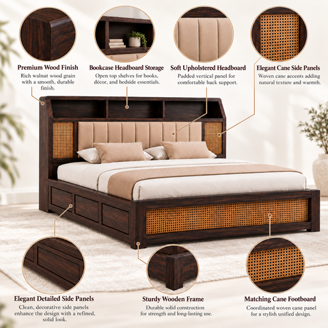 Canejoy Solid Sheesham Wood Bed With Box Storage (Queen Size, Walnut Finish, Design 4)