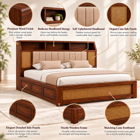 Canejoy Solid Sheesham Wood Bed With Box Storage (King Size, Natural Finish, Design 4)