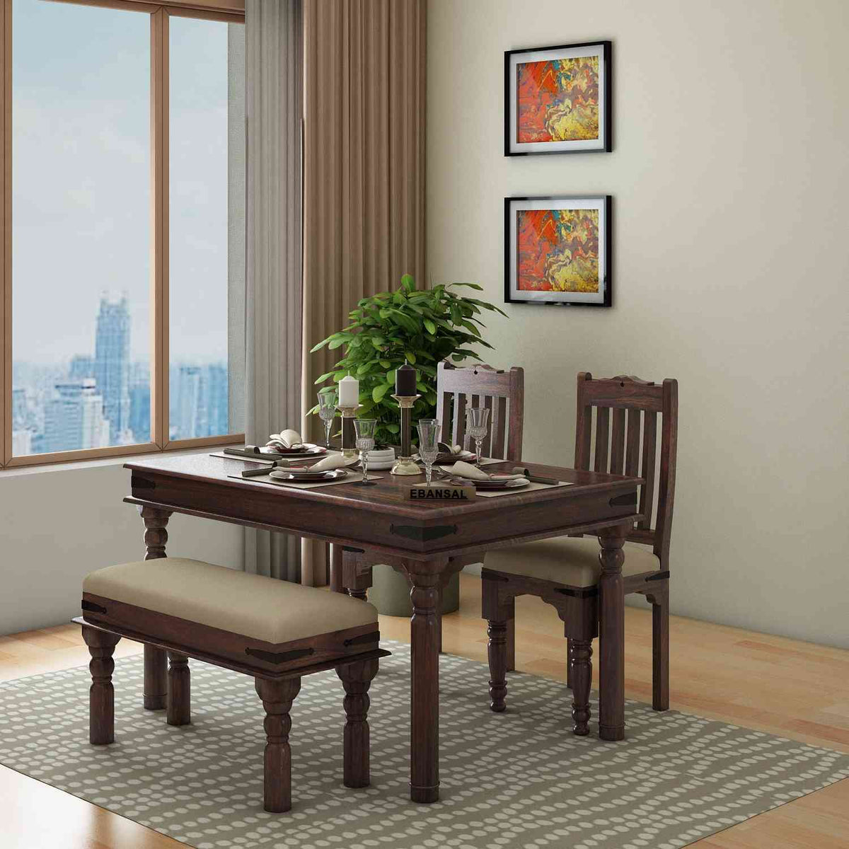 Ajmer Solid Sheesham Wood 4 Seater Dining Set With Bench (With Cushion, Walnut Finish)