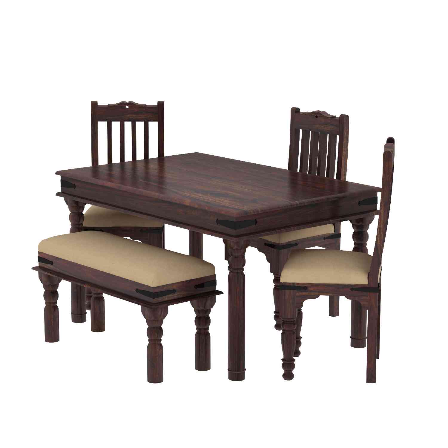 Ajmer Solid Sheesham Wood 5 Seater Dining Set With Bench (With Cushion, Walnut Finish)