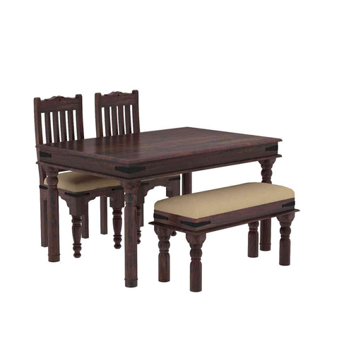 Ajmer Solid Sheesham Wood 4 Seater Dining Set With Bench (With Cushion, Walnut Finish)