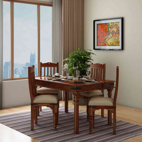Ajmer Solid Sheesham Wood 4 Seater Dining Set (With Cushion, Natural Finish)