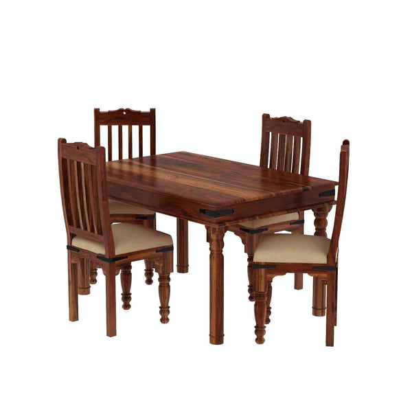 Ajmer Solid Sheesham Wood 4 Seater Dining Table With 4 Chairs (With Cushion, Natural Finish)