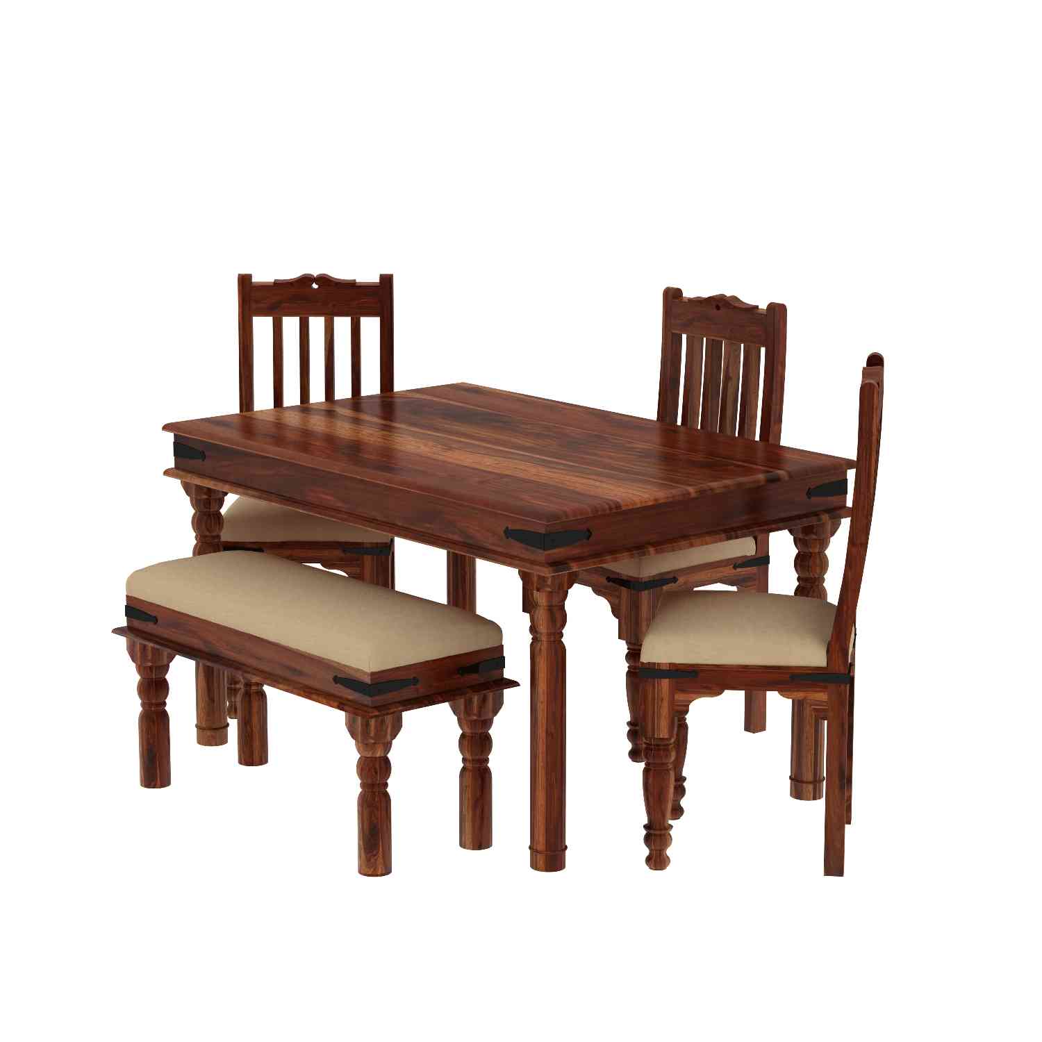 Ajmer Solid Sheesham Wood 5 Seater Dining Set With Bench (With Cushion, Natural Finish)
