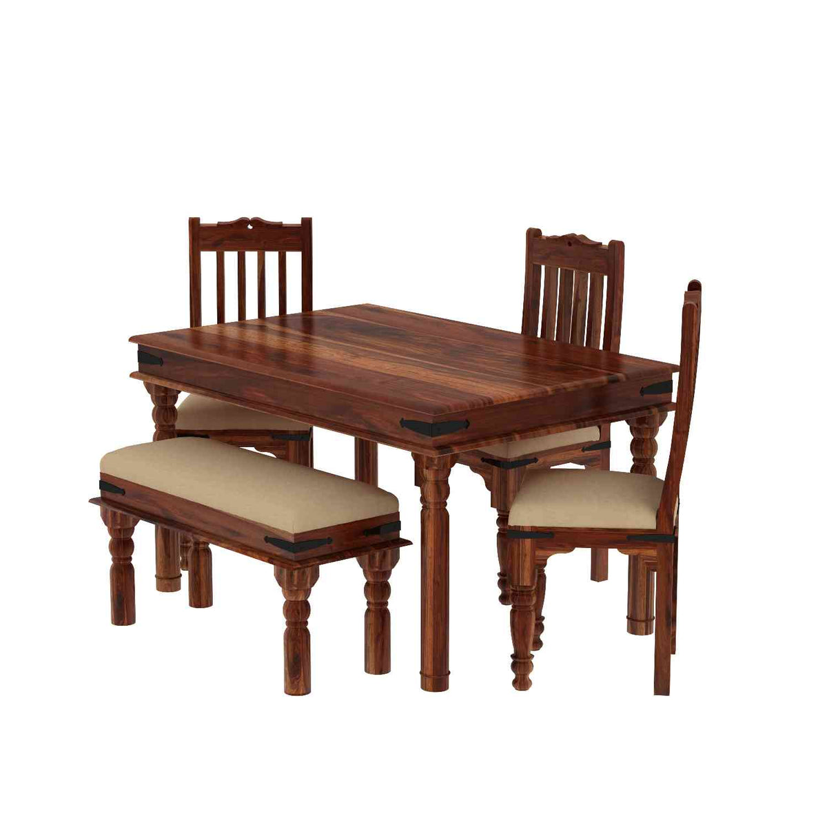 Ajmer Solid Sheesham Wood 5 Seater Dining Table With 3 Chairs And 1 Bench (With Cushion, Natural Finish)