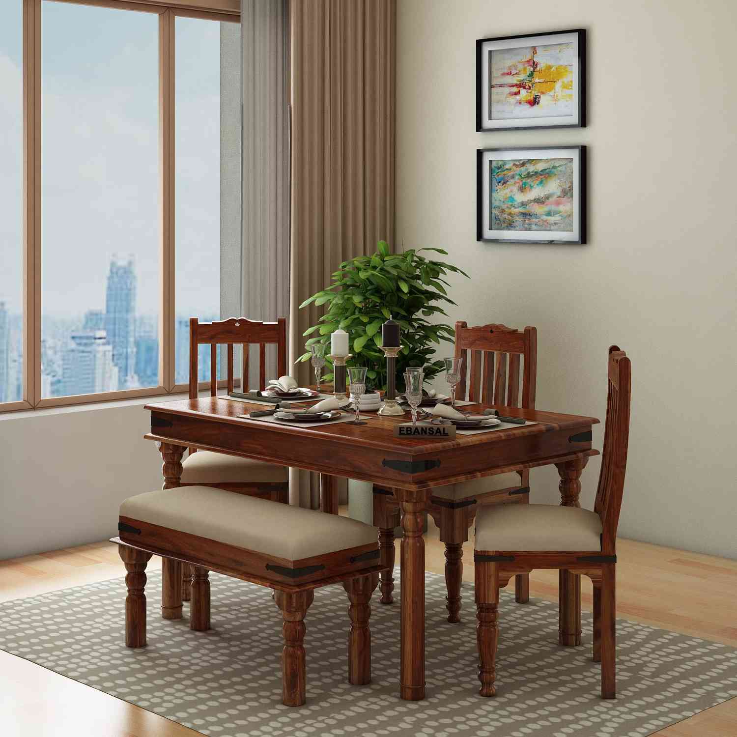 Ajmer Solid Sheesham Wood 5 Seater Dining Set With Bench (With Cushion, Natural Finish)