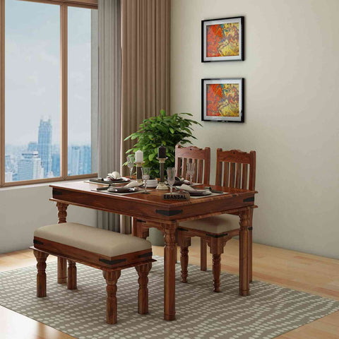 Ajmer Solid Sheesham Wood 4 Seater Dining Set With Bench (With Cushion, Natural Finish)