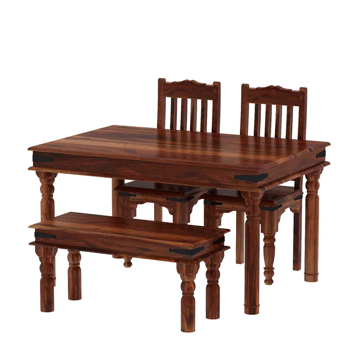 Ajmer Solid Sheesham Wood 4 Seater Dining Set With Bench (Without Cushion, Natural Finish)