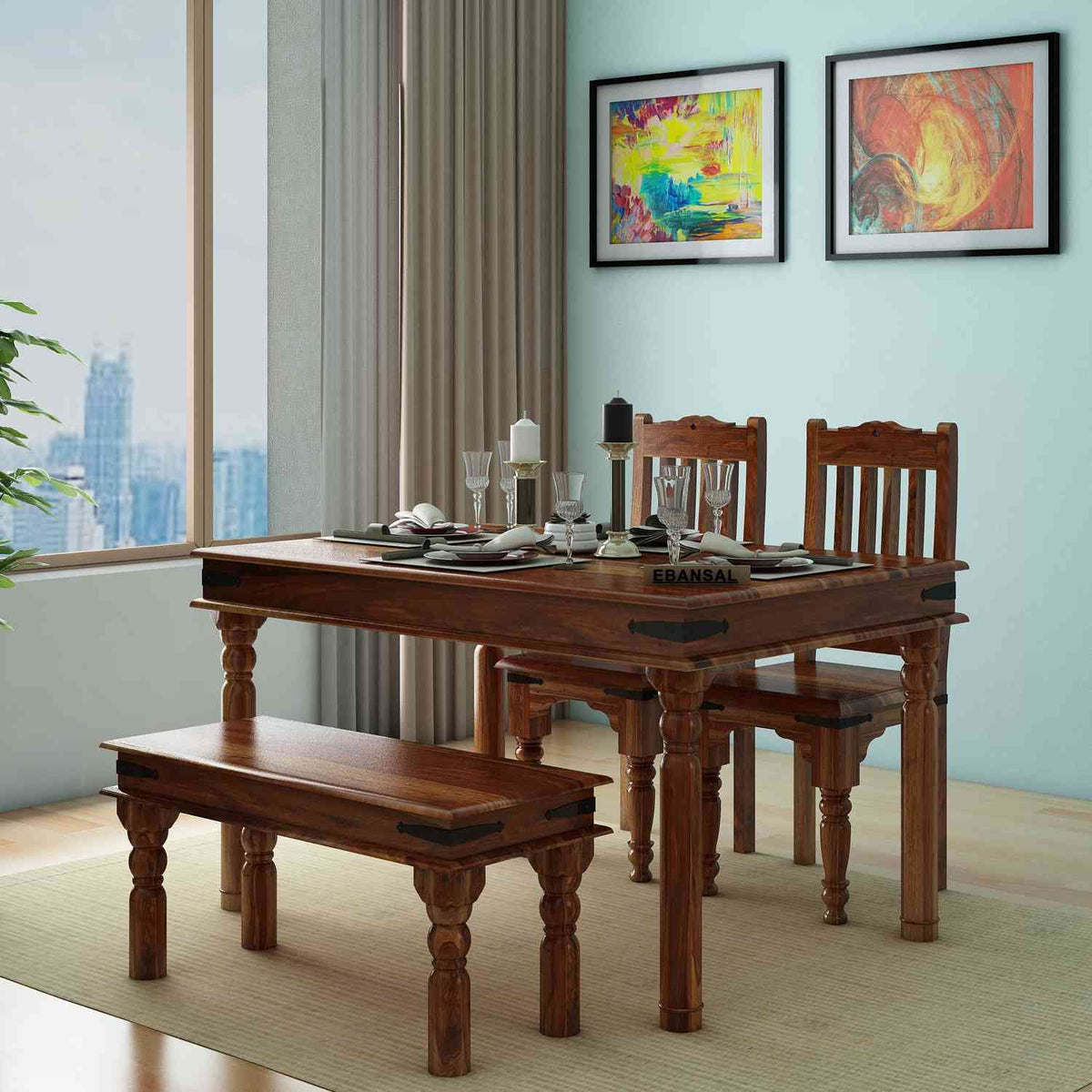 Ajmer Solid Sheesham Wood 4 Seater Dining Set With Bench (Without Cushion, Natural Finish)