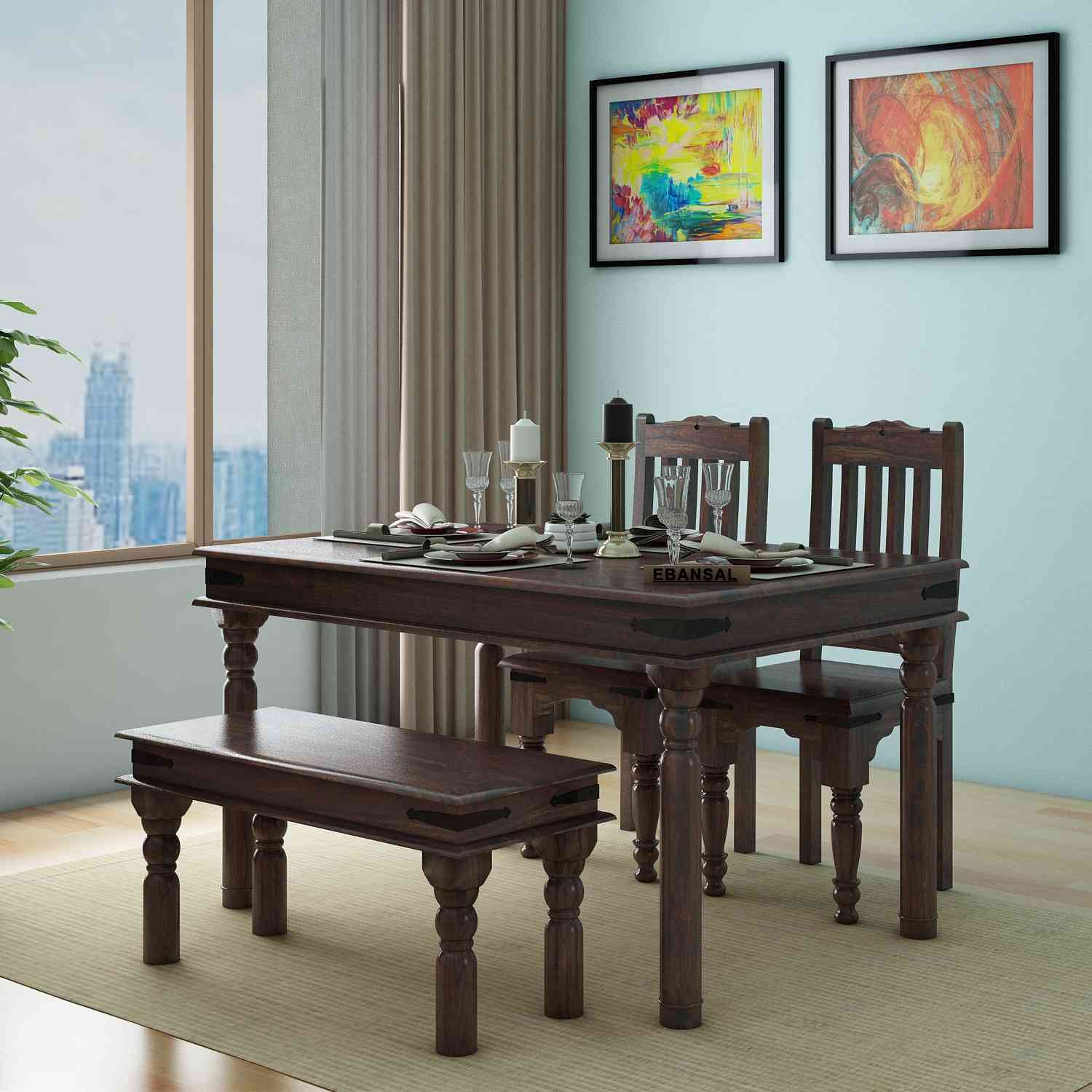 Ajmer Solid Sheesham Wood 4 Seater Dining Set With Bench (Without Cushion, Walnut Finish)