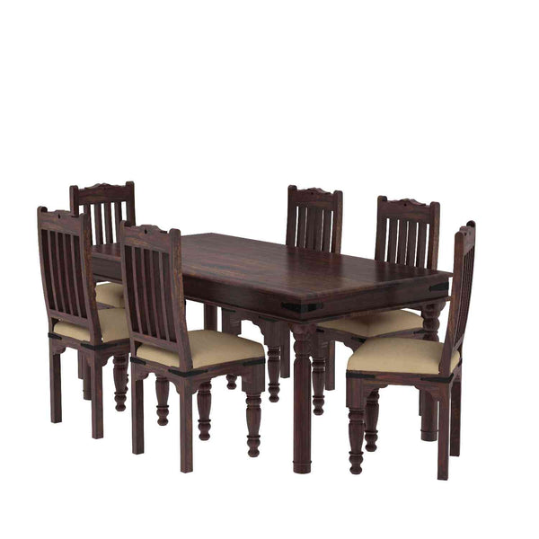 Ajmer Solid Sheesham Wood 6 Seater Dining Table With 6 Chairs (With Cushion, Walnut Finish)
