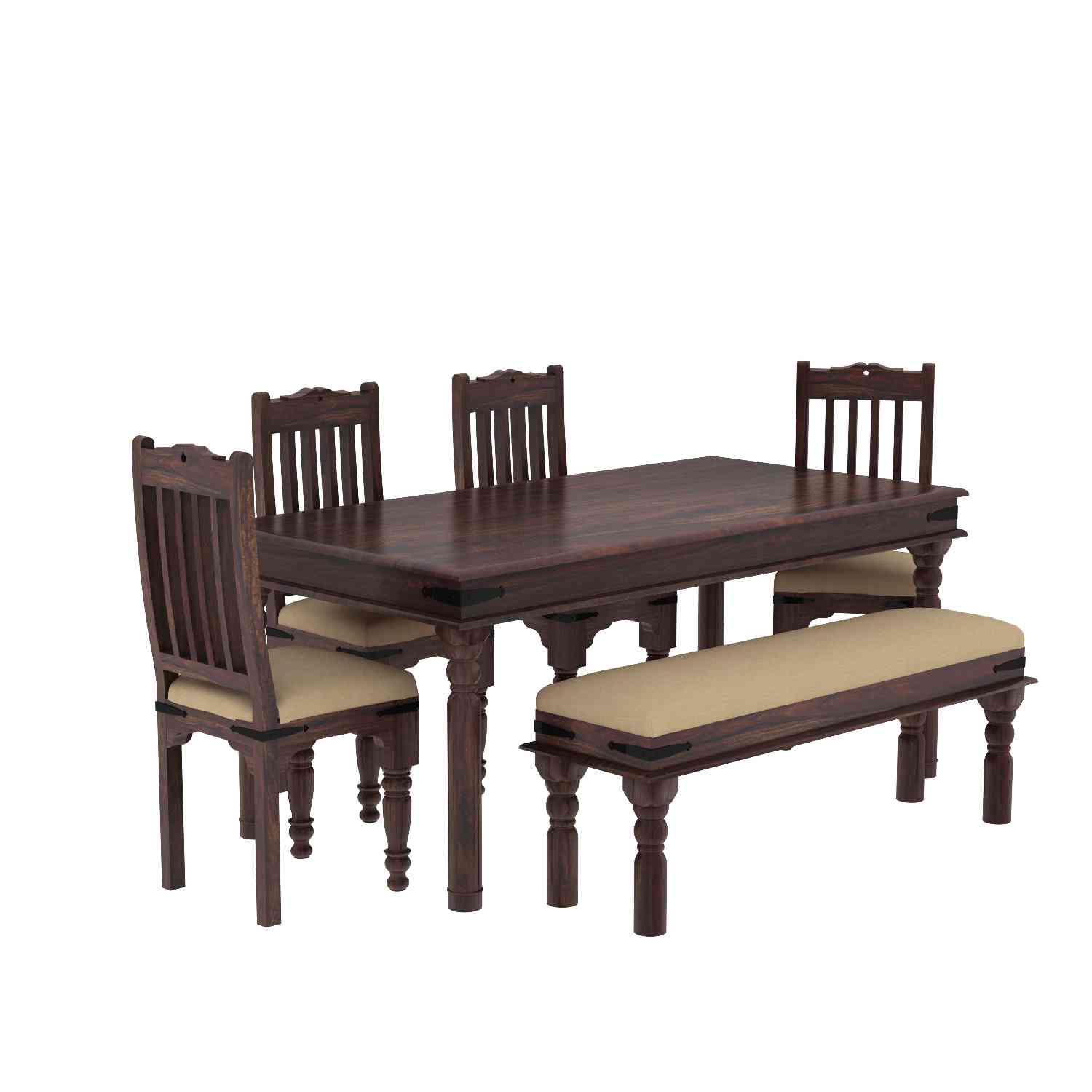 Ajmer Solid Sheesham Wood 6 Seater Dining Set With Bench (With Cushion, Walnut Finish)