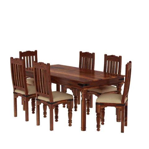 Ajmer Solid Sheesham Wood 6 Seater Dining Set (With Cushion, Natural Finish)