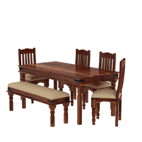 Ajmer Solid Sheesham Wood 6 Seater Dining Set With Bench (With Cushion, Natural Finish)