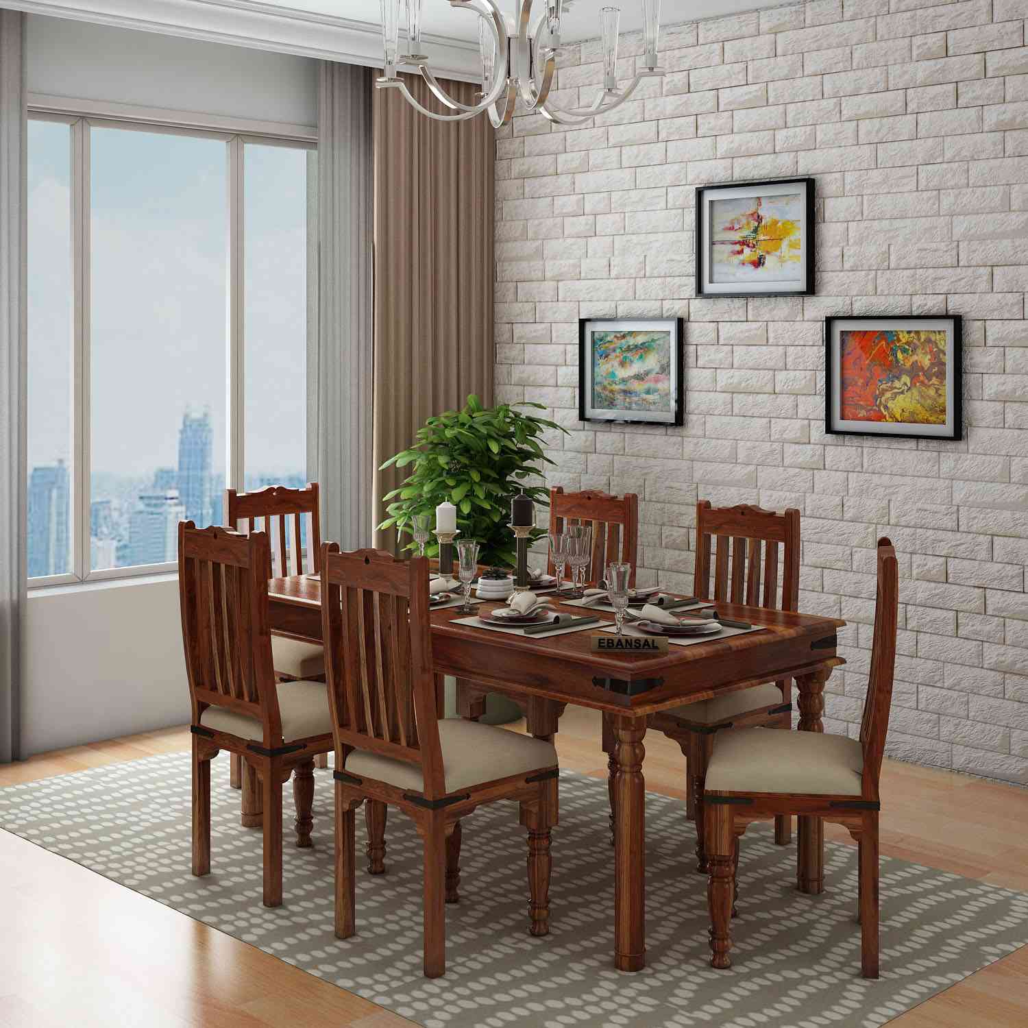 Ajmer Solid Sheesham Wood 6 Seater Dining Set (With Cushion, Natural Finish)