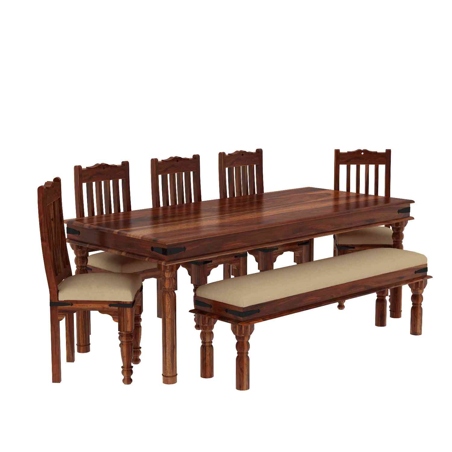 Ajmer Solid Sheesham Wood 8 Seater Dining Set With Bench (With Cushion, Natural Finish)