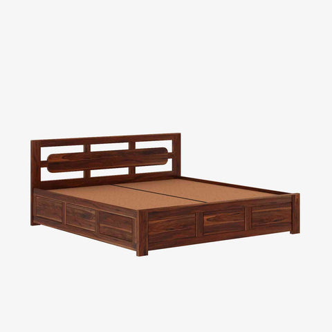 Zigzag Solid Sheesham Wood Bed With Box Storage (King Size, Natural Finish)