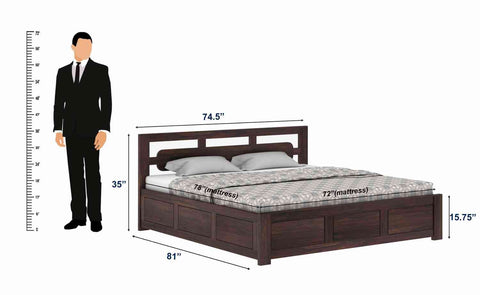 Zigzag Solid Sheesham Wood Bed With Box Storage (King Size, Walnut Finish)