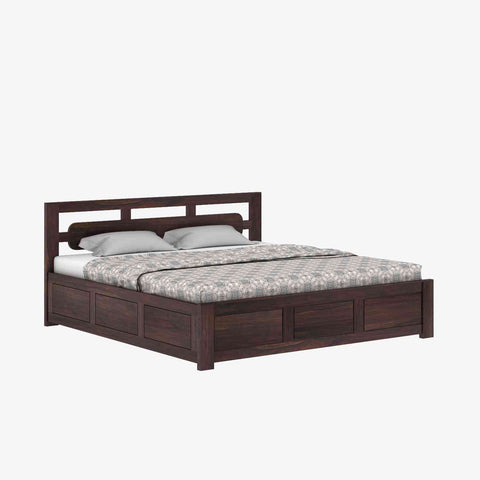 Zigzag Solid Sheesham Wood Bed With Box Storage (King Size, Walnut Finish)
