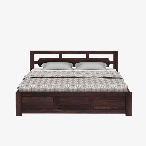 Zigzag Solid Sheesham Wood Bed With Box Storage (King Size, Walnut Finish)