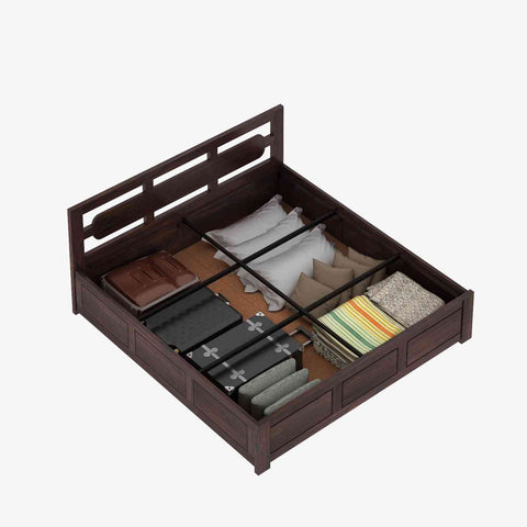 Zigzag Solid Sheesham Wood Bed With Box Storage (King Size, Walnut Finish)