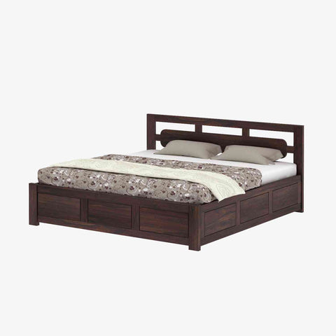 Zigzag Solid Sheesham Wood Hydraulic Bed With Box Storage (Queen Size, Walnut Finish)
