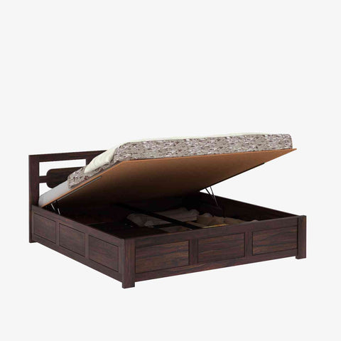 Zigzag Solid Sheesham Wood Hydraulic Bed With Box Storage (Queen Size, Walnut Finish)
