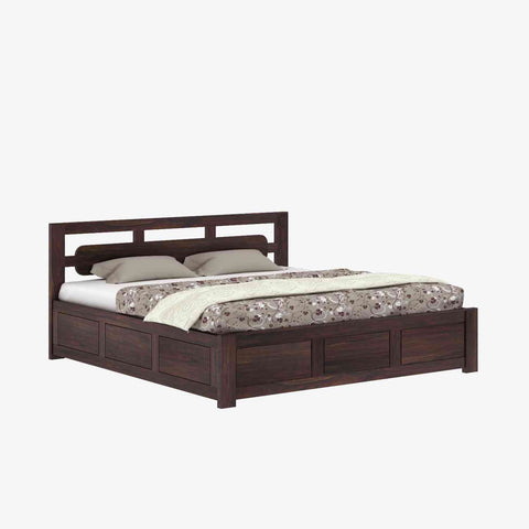 Zigzag Solid Sheesham Wood Hydraulic Bed With Box Storage (King Size, Walnut Finish)