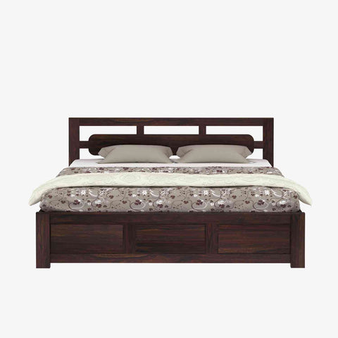 Zigzag Solid Sheesham Wood Hydraulic Bed With Box Storage (Queen Size, Walnut Finish)