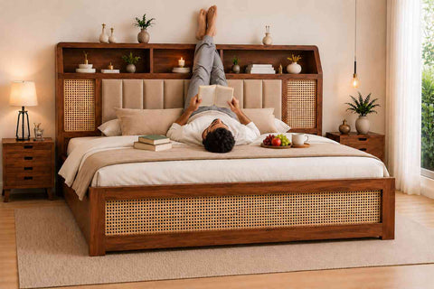 Canejoy Solid Sheesham Wood Bed With Box Storage (King Size, Natural Finish, Design 4)