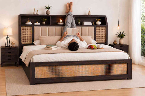 Canejoy Solid Sheesham Wood Bed With Box Storage (Queen Size, Walnut Finish, Design 4)