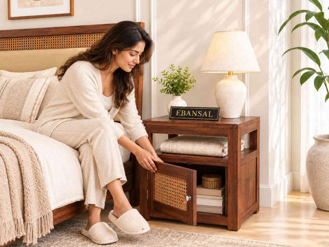 Canejoy Solid Sheesham Wood Bedside Table With 1 Door (Walnut Finish)