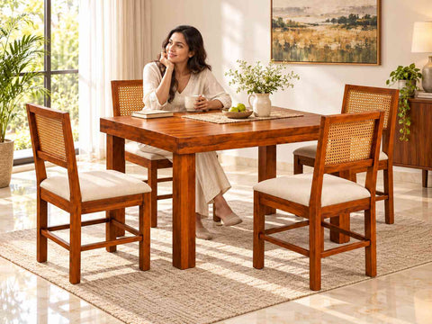 Canejoy Solid Sheesham Wood 4 Seater Dining Table With 4 Chairs (Natural Finish, With Cushion)