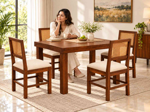 Canejoy Solid Sheesham Wood 4 Seater Dining Table With 4 Chairs (Walnut Finish, With Cushion)