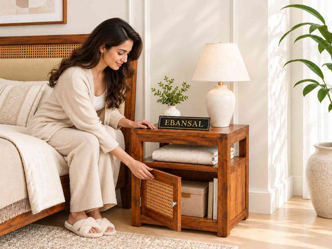 Canejoy Solid Sheesham Wood Bedside Table With 1 Door (Natural Finish)