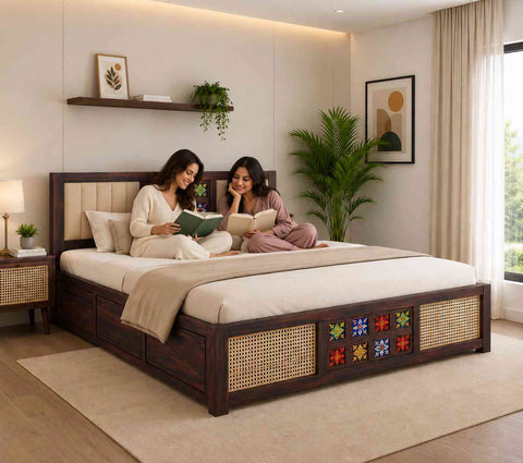 Canejoy Solid Sheesham Wood Hydraulic Bed With Box Storage With Cushion (King Size, Walnut Finish, Design 2)