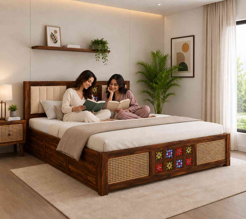 Canejoy Solid Sheesham Wood Hydraulic Bed With Box Storage With Cushion (King Size, Natural Finish, Design 2)