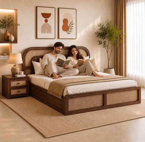 Canejoy Solid Sheesham Wood Bed With Box Storage (Queen Size, Walnut Finish, Design 3)