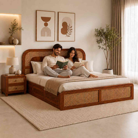 Canejoy Solid Sheesham Wood Hydraulic Bed With Box Storage (King Size, Natural Finish, Design 3)