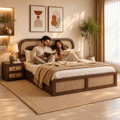 Canejoy Solid Sheesham Wood Hydraulic Bed With Box Storage (King Size, Walnut Finish, Design 3)