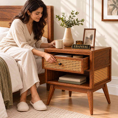 Canejoy Solid Sheesham Wood Bedside Table With 1 Drawer (Natural Finish)