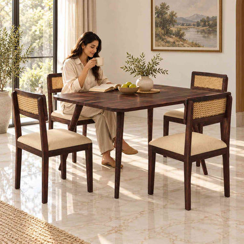 Canejoy Solid Sheesham Wood 4 Seater Dining Table With 4 Chairs (With Cushion, Walnut Finish)
