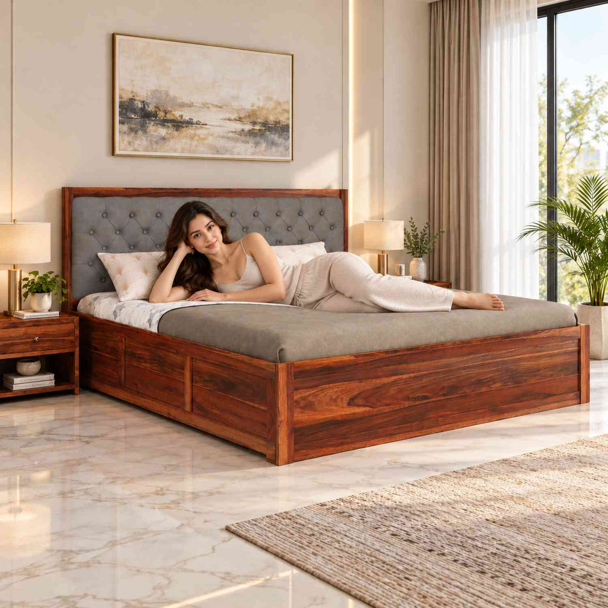 Elementra Solid Sheesham Wood Bed With Box Storage (Queen Size, Natural Finish)