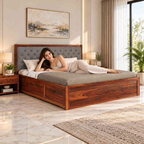 Elementra Solid Sheesham Wood Bed With Box Storage (King Size, Natural Finish)