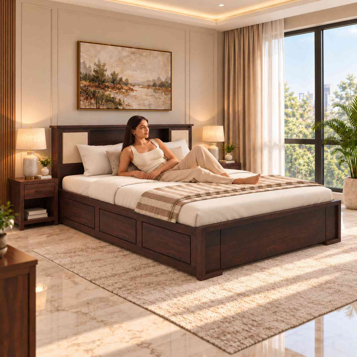 Feelinn Solid Sheesham Wood Bed With Box Storage (King Size, Walnut Finish)
