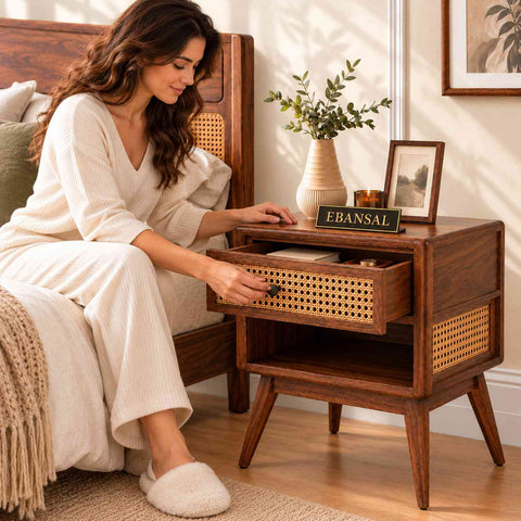 Canejoy Solid Sheesham Wood Bedside Table With 1 Drawer (Walnut Finish)