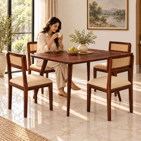 Canejoy Solid Sheesham Wood 4 Seater Dining Table With 4 Chairs (With Cushion, Natural Finish)