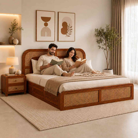 Canejoy Solid Sheesham Wood Bed With Box Storage (Queen Size, Natural Finish, Design 3)