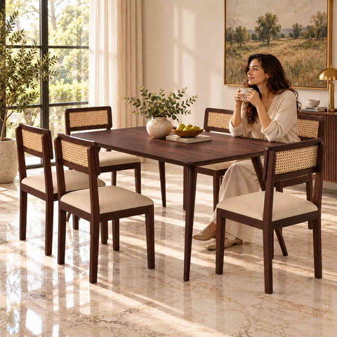 Canejoy Solid Sheesham Wood 6 Seater Dining Table With 6 Chairs (With Cushion, Walnut Finish)