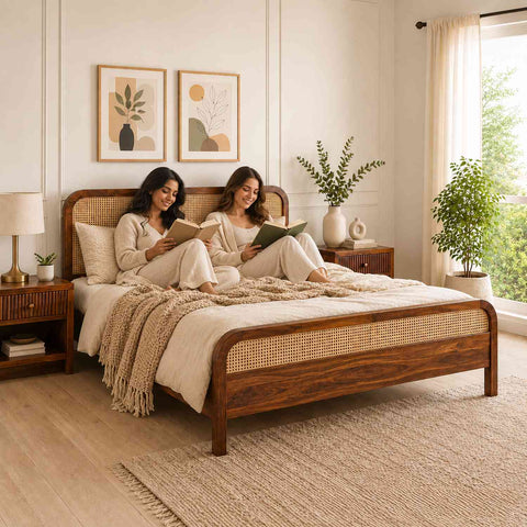 Canejoy Solid Sheesham Wood Bed Without Storage (King Size, Natural Finish)